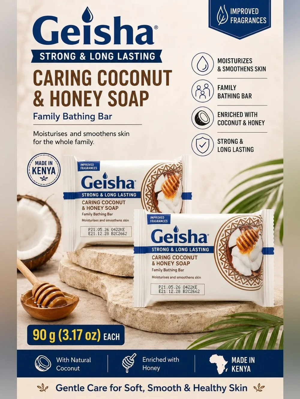 Geisha Caring Coconut & Honey Soap, 2 Bars Made in Kenya